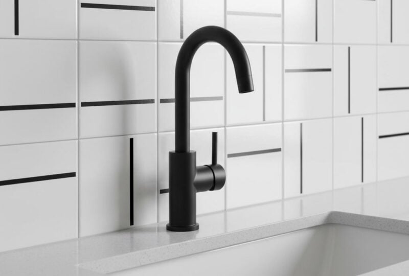 Banheiro moderno com painel Decor Lines Traço Preto cobrindo parede inteira
