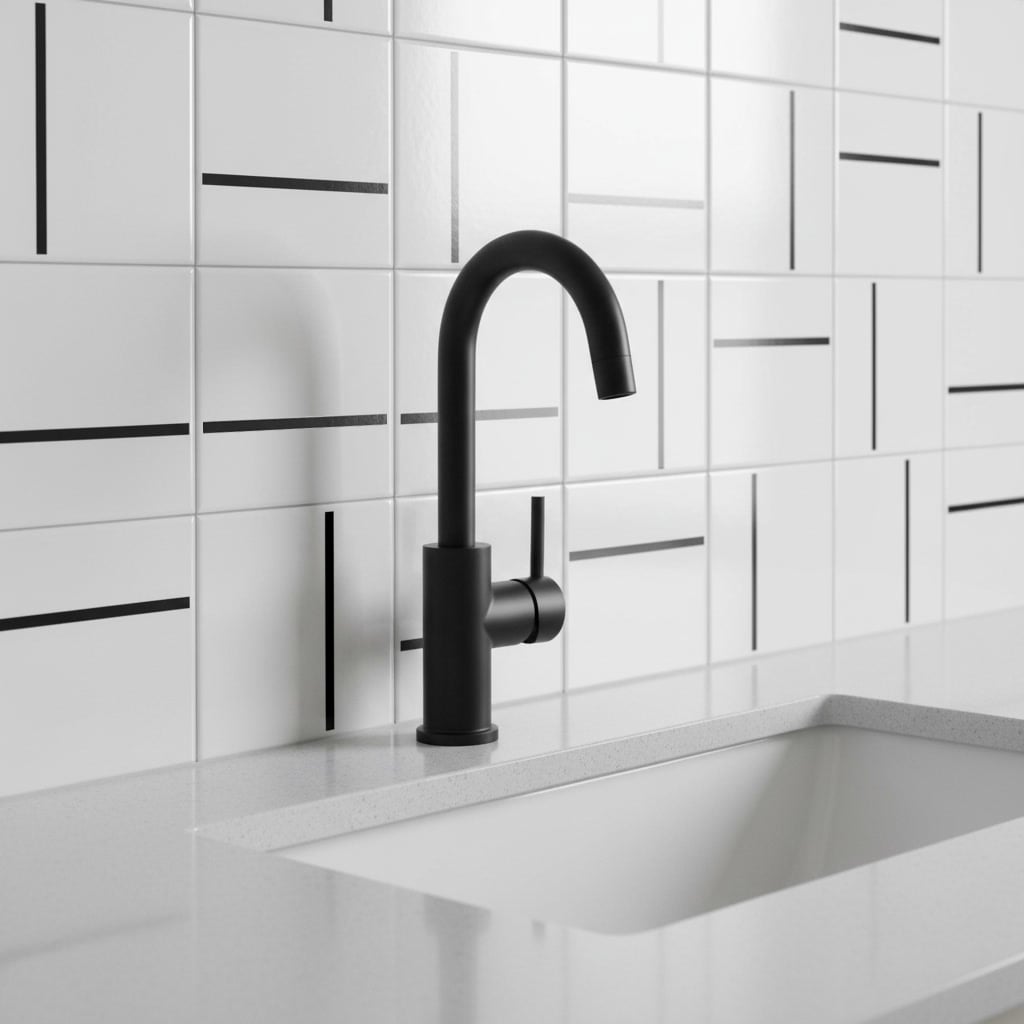 Banheiro moderno com painel Decor Lines Traço Preto cobrindo parede inteira