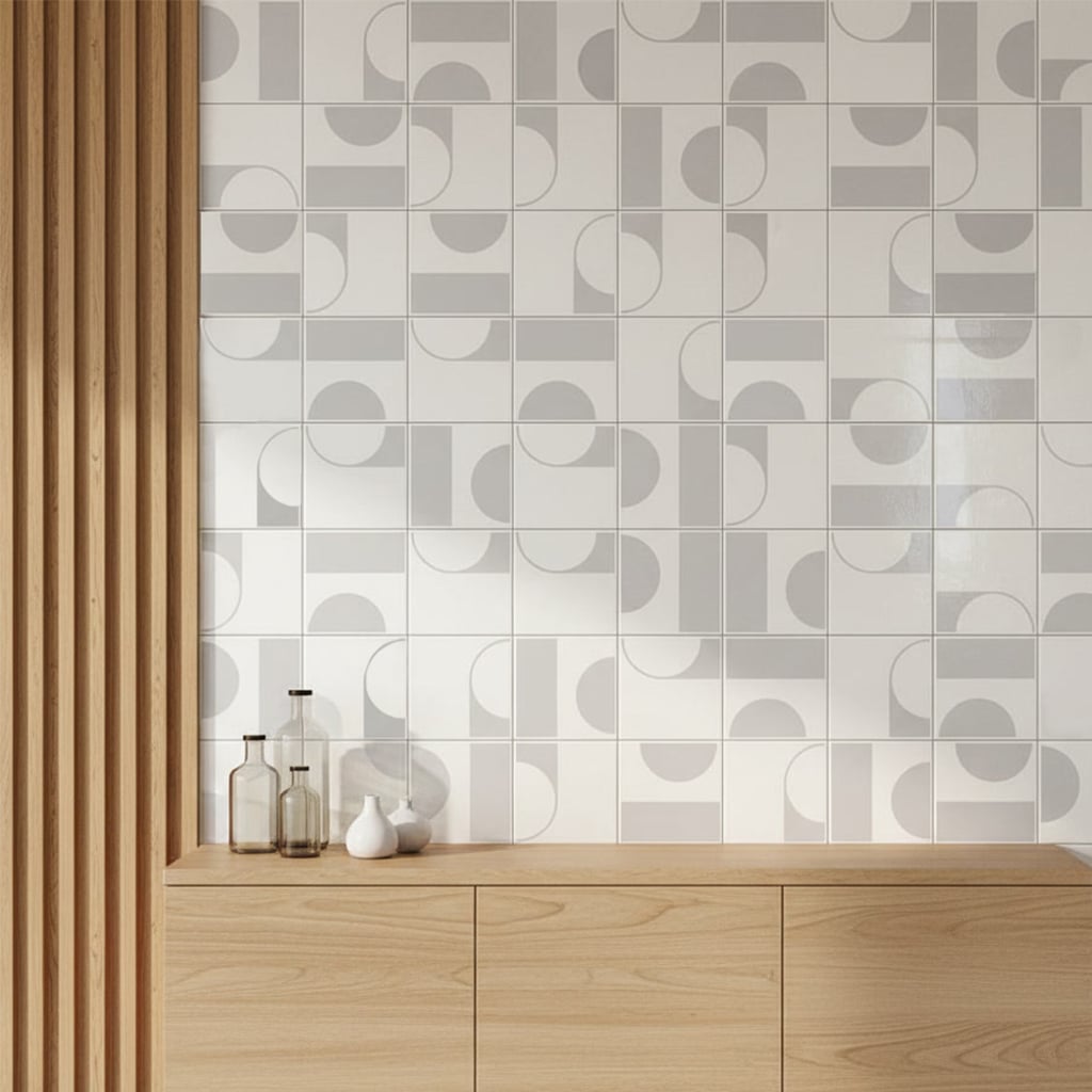 Parede de destaque em sala com painel Bonny Cinza TAI e sofá à frente