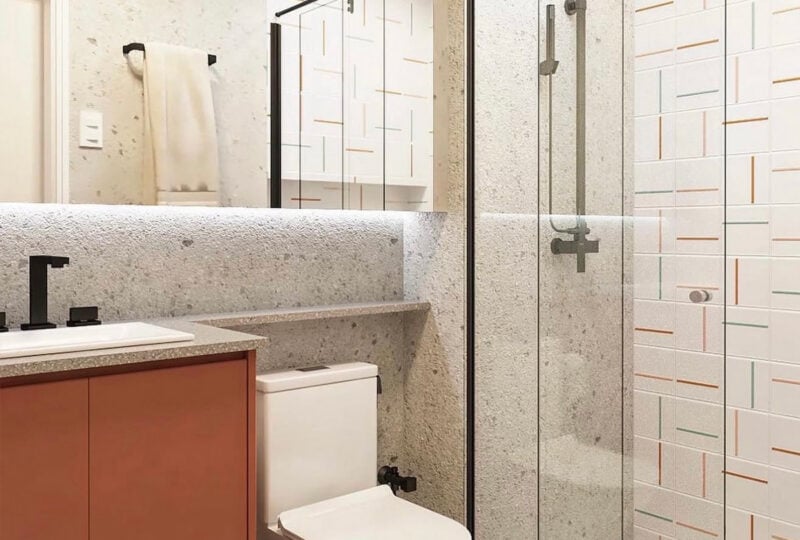 Banheiro com painel Decor Lines em três colorways — ocre, nude e menta — em parede de destaque