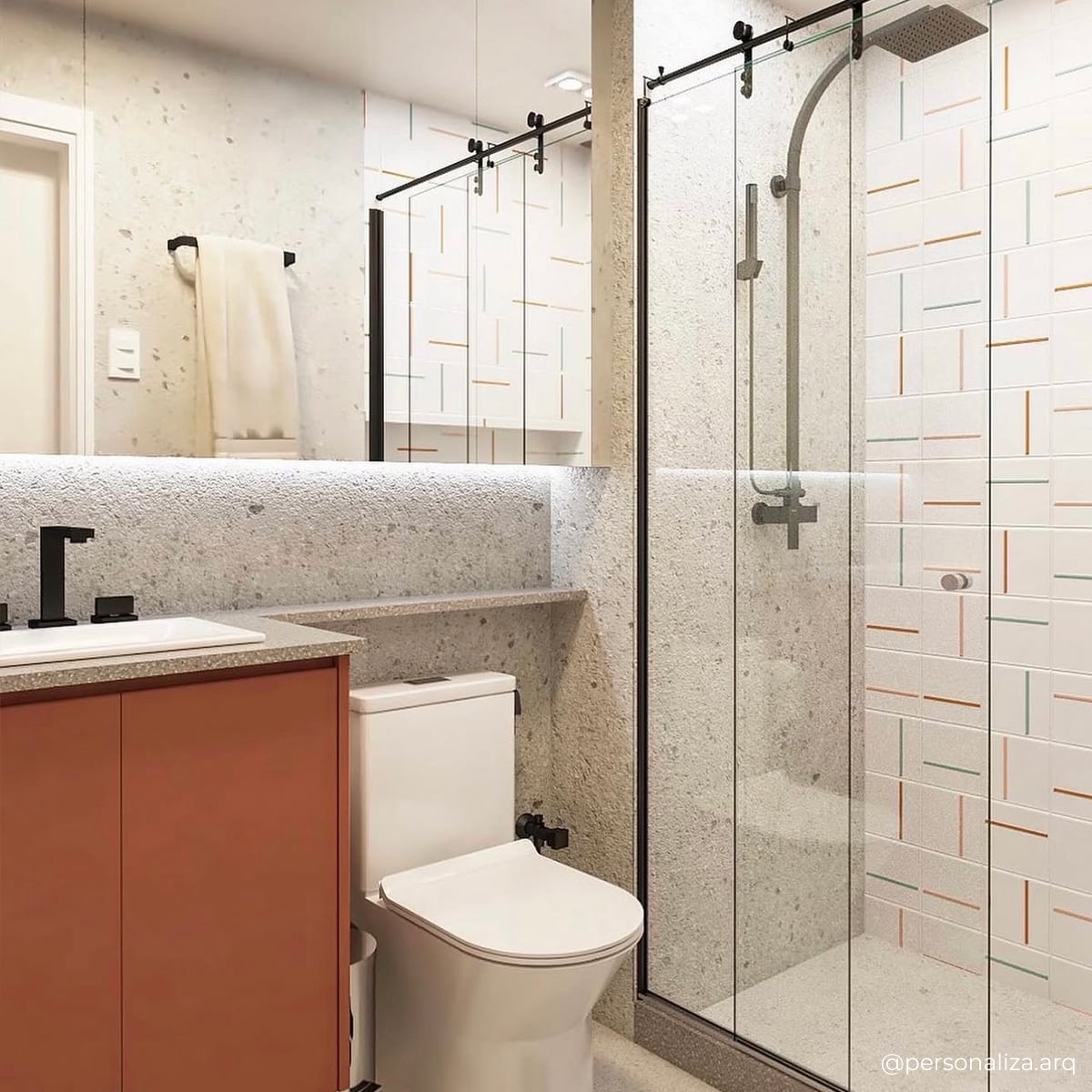 Banheiro com painel Decor Lines em três colorways — ocre, nude e menta — em parede de destaque