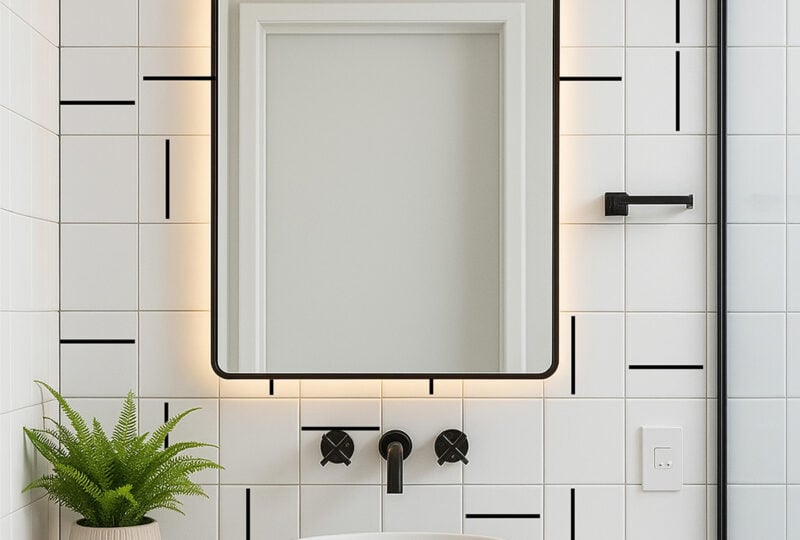 Banheiro moderno com painel Decor Lines Traço Preto e rejunte branco fino