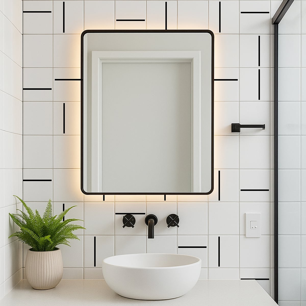 Banheiro contemporâneo com Decor Lines Traço Preto em parede junto ao espelho