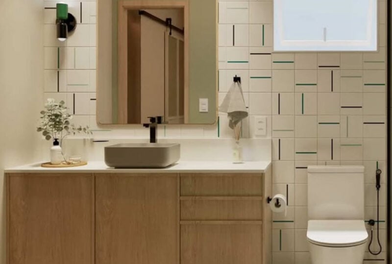 Banheiro com painel Decor Lines verde aplicado em parede de destaque