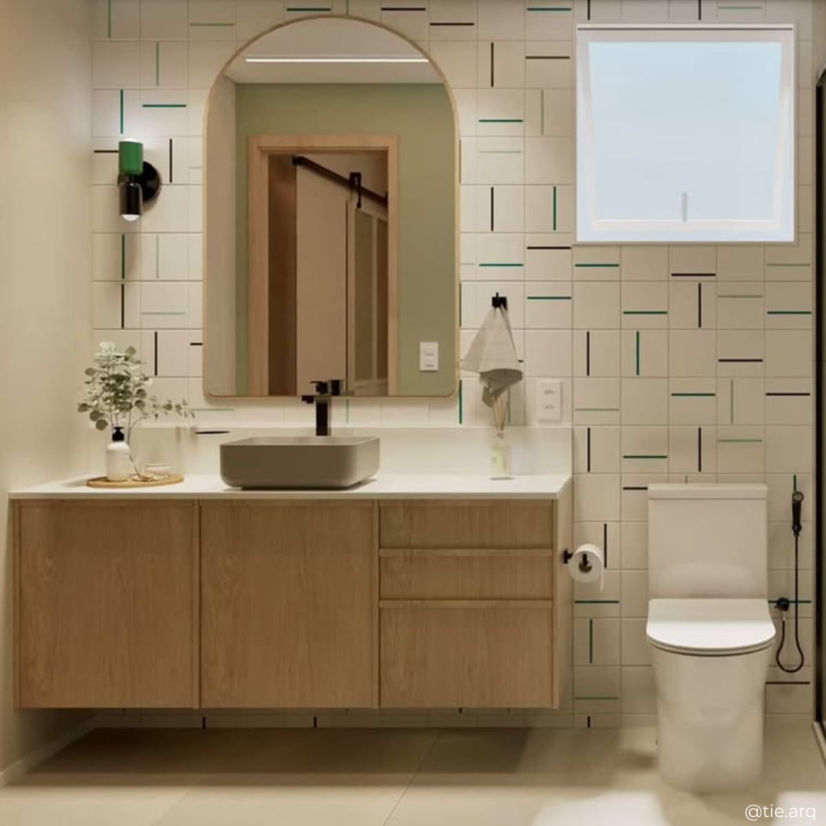 Banheiro com painel Decor Lines verde aplicado em parede de destaque