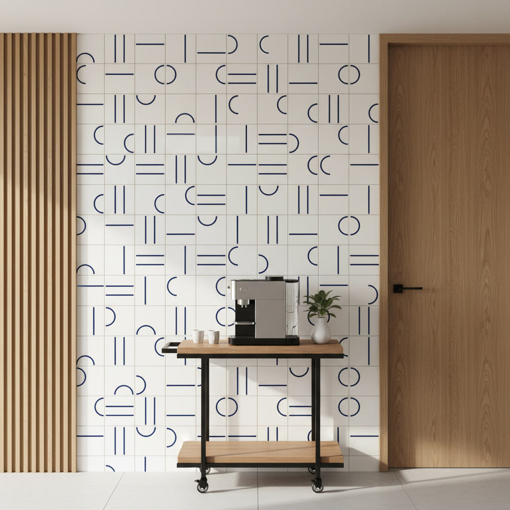 Sala de estar com parede de destaque em painel Kimi Azul Escuro TAI do piso ao teto