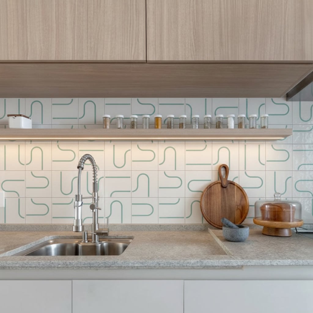 Cozinha com backsplash em painel Linha Metro Verde Menta TAI atrás da bancada