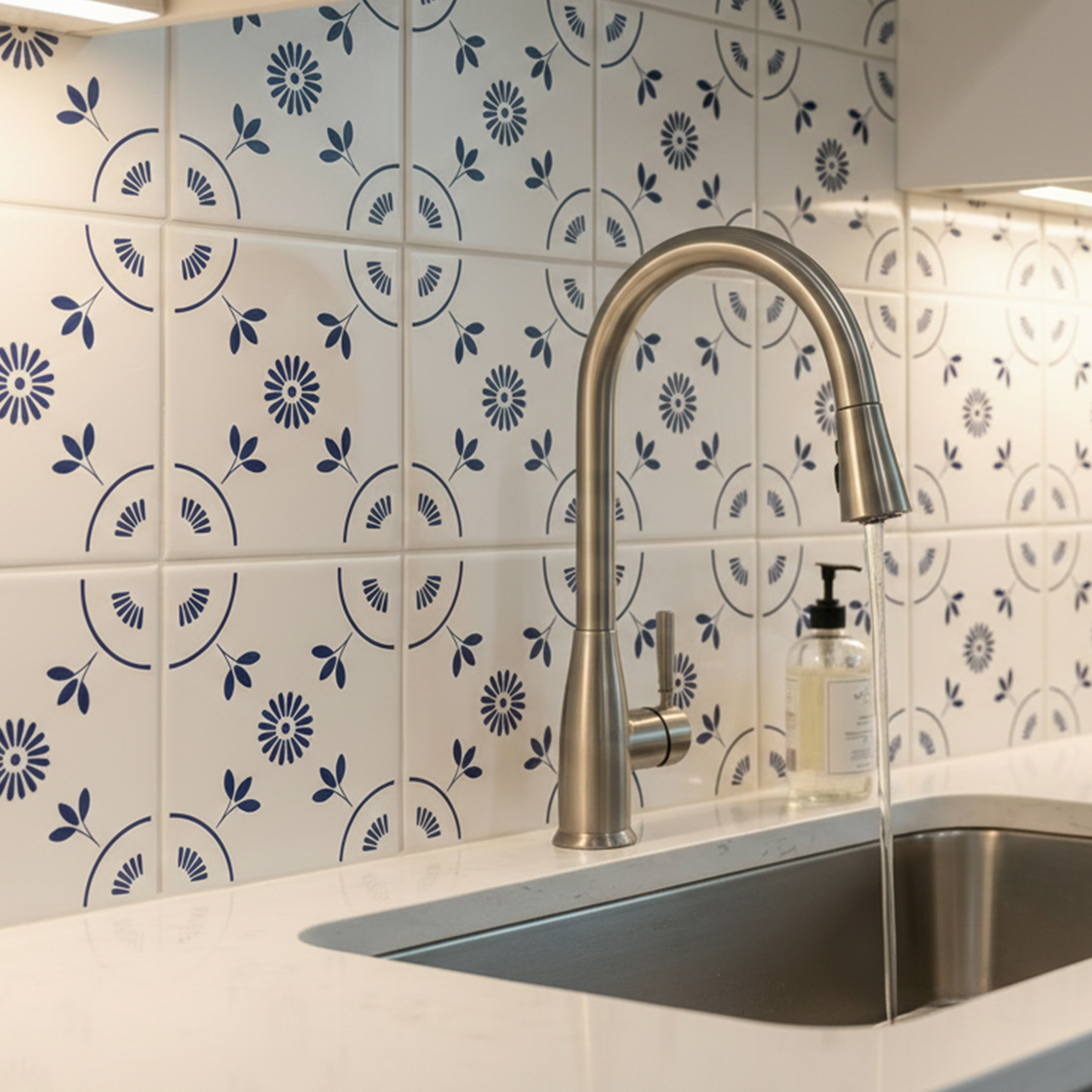 Detalhe de azulejo artesanal com padronagem portuguesa em tons neutros