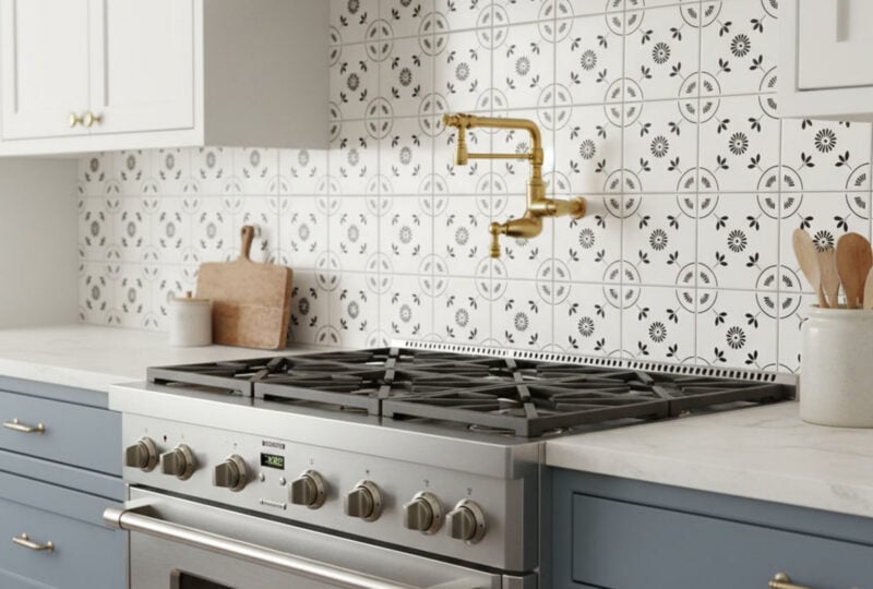 Painel de azulejos com padrões de inspiração portuguesa aplicado em ambiente residencial