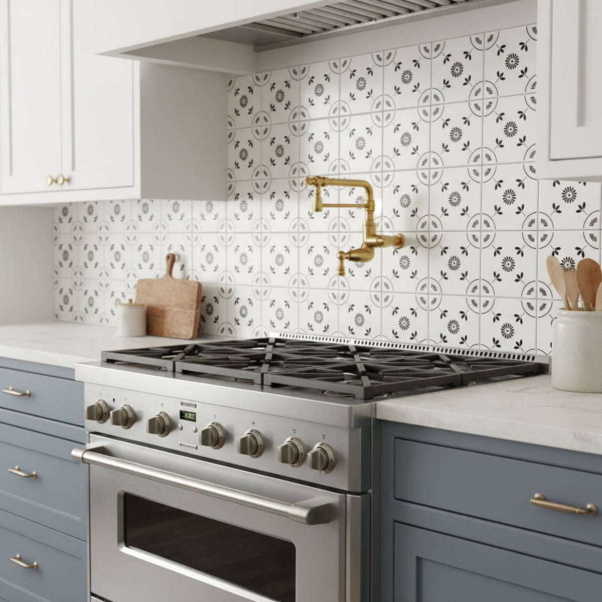 Painel de azulejos com padrões de inspiração portuguesa aplicado em ambiente residencial
