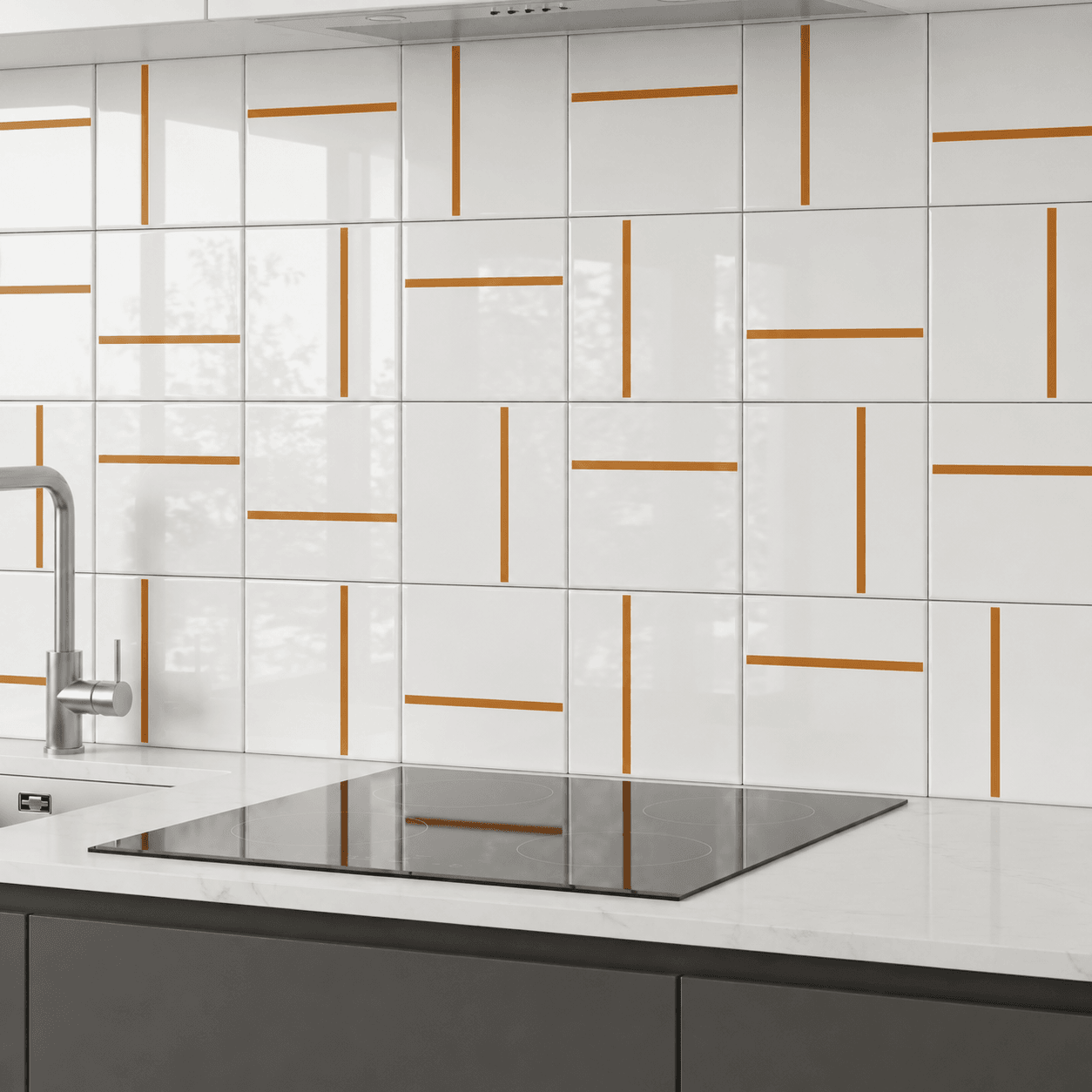 Azulejo Decor Lines ocre TAI na parede de uma cozinha de linhas simples