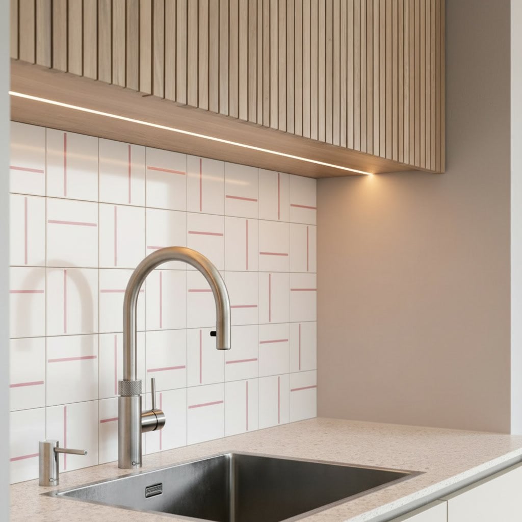 Azulejo Decor Lines rosa TAI na parede de uma cozinha